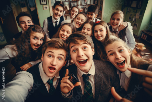 collage of group school classmates making selfie in classroom
