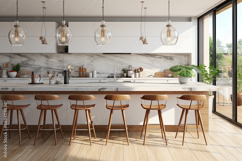 bright open concept kitchen in white with long counter eating space dining room and large windows. Luxury real estate for sale. Dining room design project bright open concept kitchen in white with long counter eating space dining room and large windows. Luxury real estate for sale. Dining room design project