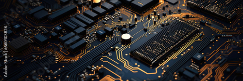 Close-up electronic circuit board, technology concept. Horizontal banner photo