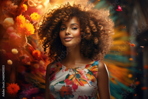 Portrait of beautiful smiling woman with afro curls hairstyle