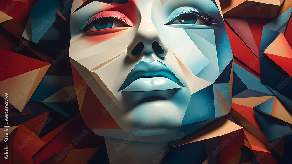 Capture a 3Drendered interpretation of Cubism, featuring geometric