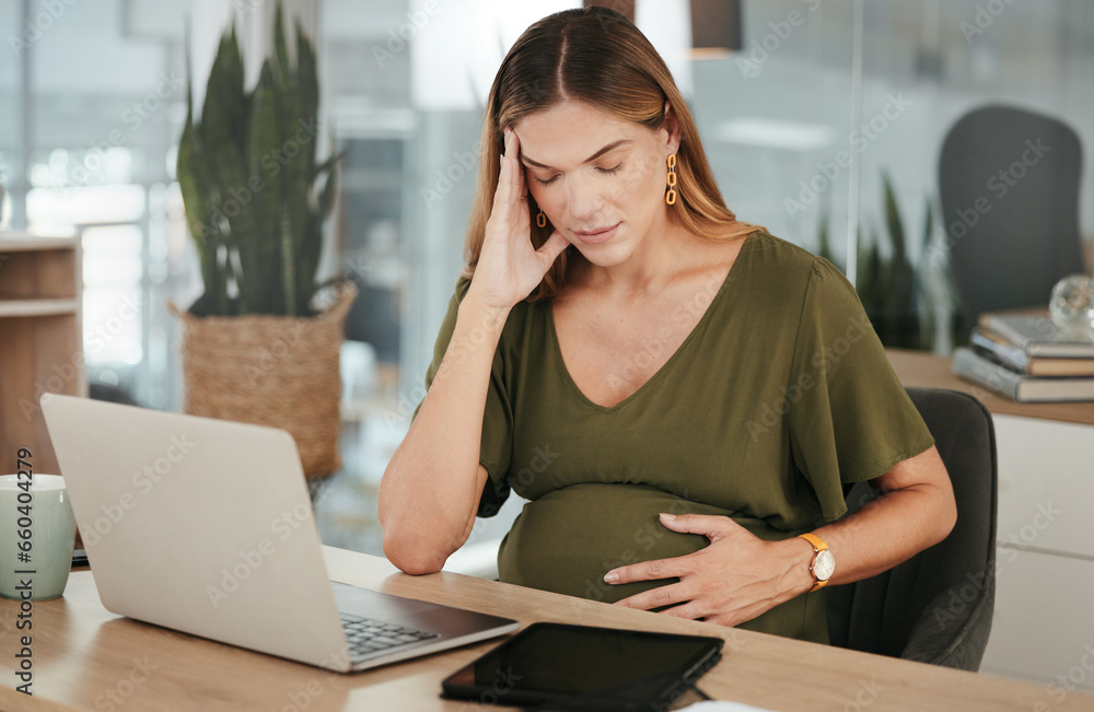 Fototapeta premium Stress, headache and pregnant woman with laptop in office with vertigo, tension or pain. Pregnancy, burnout and female manager with brain fog, low energy or anxiety while online on project proposal