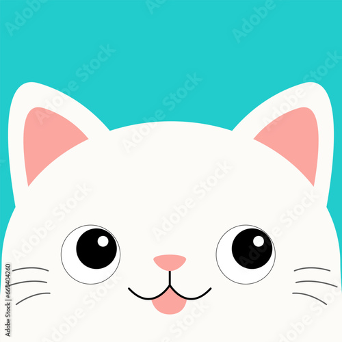 White cat smiling head face silhouette. Cute cartoon kawaii funny baby character. Pink cheeks, tongue. Funny doodle animal. Pet collection. Sticker print. Flat design. Blue background. Isolated.