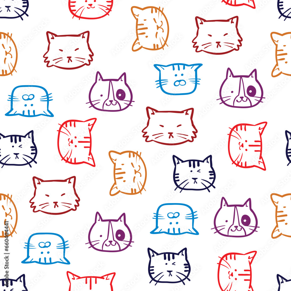 Seamless Pattern of Cartoon Cat Face Design on White Background