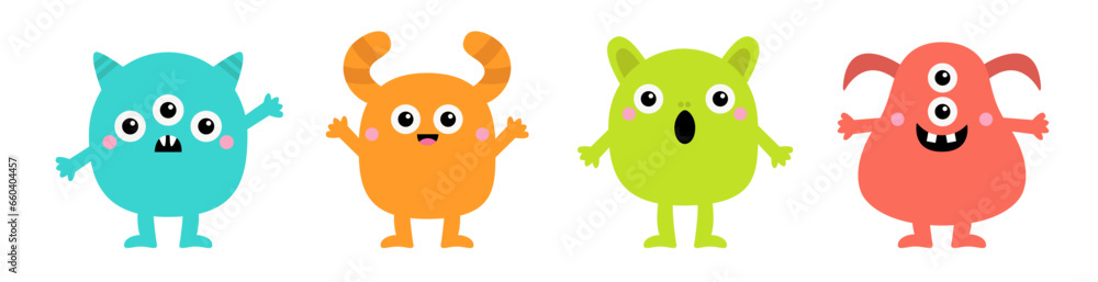Cute monster set line banner. Happy Halloween. Colorful monsters with different emotions. Funny face head. Cartoon kawaii boo baby character. Childish collection. White background. Flat design.