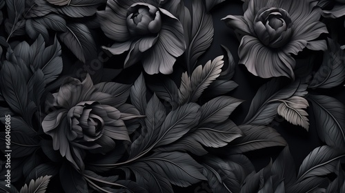 Black floral wallpaper of black roses. Generative AI
