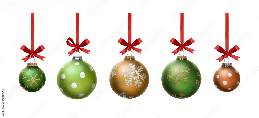 A collection of large and small green and gold Christmas baubles hanging from red ribbon and bow with snowflake glitter patterns on them isolated against a transparent background