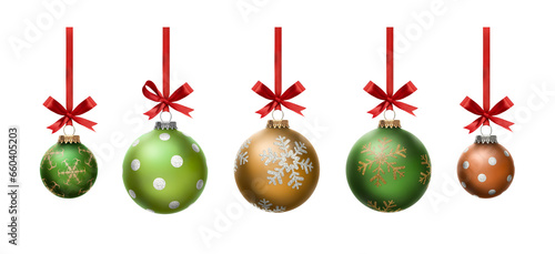 Obraz na płótnie A collection of large and small green and gold Christmas baubles hanging from red ribbon and bow with snowflake glitter patterns on them isolated against a transparent background w salonie