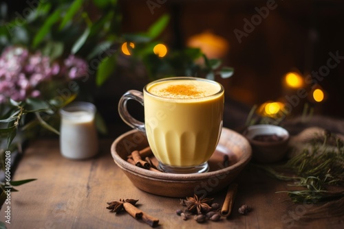 A comforting cup of Golden Milk (Turmeric Latte) nestled amidst a rustic setting, illuminated by the soft glow of morning light