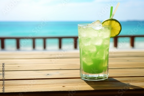 A refreshing glass of vibrant green Melon Soda, condensation droplets on the glass, served on a rustic wooden table against a summer beach backdrop