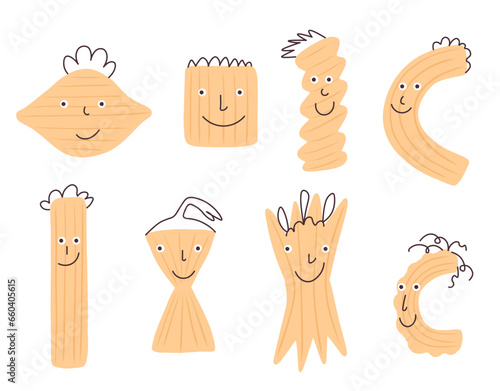 Set of pasta character with cute face  in simple cartoon style