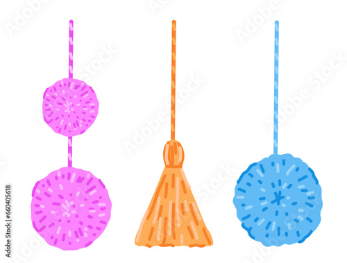 Set of fluffy pompon hanging on string. Vector cartoon illustration