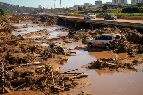 devastation caused by flooding on m4 freeway in Tongaat, Durban, KwaZulu-Natal, South Africa on 21 May 2022. Generative AI