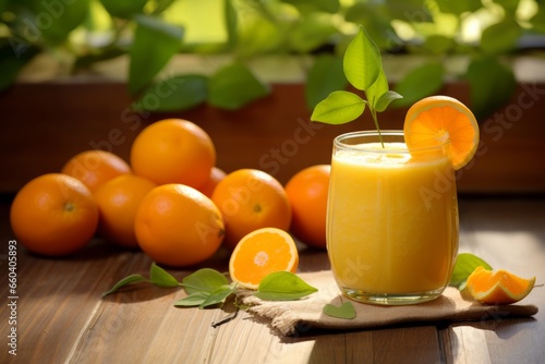 A vibrant glass of freshly blended Kumquat Smoothie, garnished with a slice of kumquat, resting on a rustic wooden table under soft morning light
