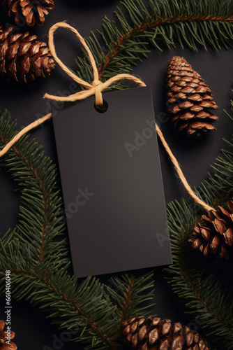 Christmas tag mockup with cord, close up on natural tree branch, with Christmas decoration, Christmas sale concept. Blank paper label product tag mockup