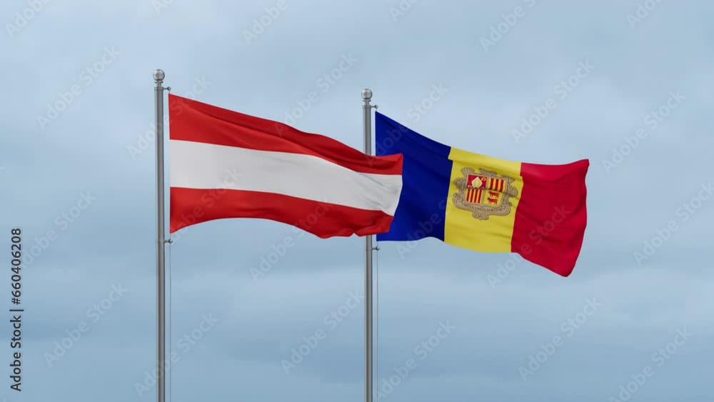 Austria flag and Andorra flag waving together on cloudy sky, endless seamless loop Austria flag and Andorra flag waving together on cloudy sky, endless seamless loop