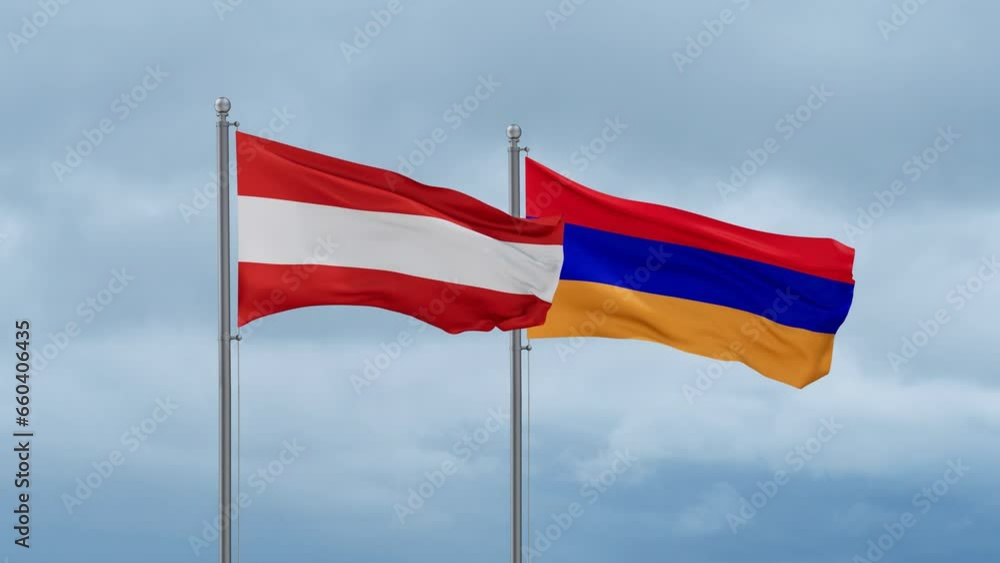 Armenia and Austria flag waving together on cloudy sky, endless seamless loop, two country cooperation concept Armenia and Austria flag waving together on cloudy sky, endless seamless loop, two country cooperation concept
