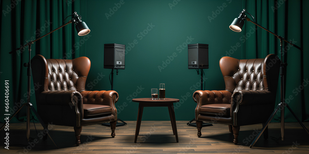 interior of a restaurant,Two chairs and microphones in podcast ...