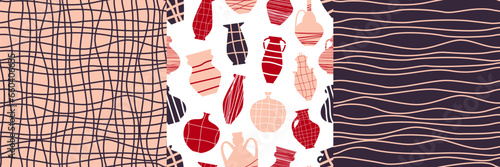 Vector seamless pattern set. Linear background drawing in minimalist style. Pattern with ceramic products in doodle style. Patterns collection on separate layers.