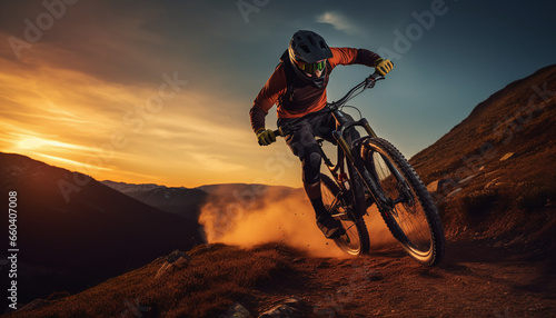 A youthful man enjoys an outdoor adventure as he rides a mountain bike in natural surroundings. © wiizii