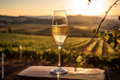 An Elegant Crystal Flute Filled with Sparkling Champagne  Set Against a Romantic French Vineyard at Sunset