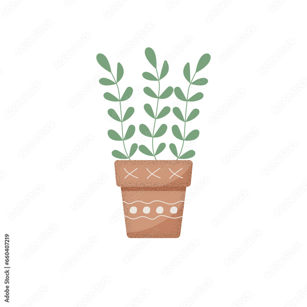 Houseplant in a textured patterned pot isolated on white background. Free green twigs in a brown pot. Vector illustration. Houseplant in a textured patterned pot isolated on white background. Free green twigs in a brown pot. Vector illustration.