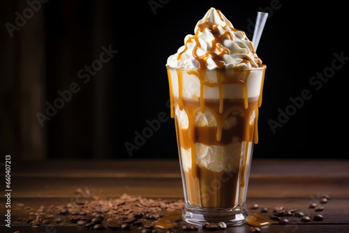 A close-up shot of a delicious, frothy Vanilla Bean Frappe, topped with whipped cream and drizzled with rich caramel sauce, served in a tall glass