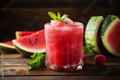 A Refreshing Summer Beverage: Close-up of a Chilled Watermelon and Rosemary Cooler, Garnished with Fresh Herbs on a Rustic Wooden Table