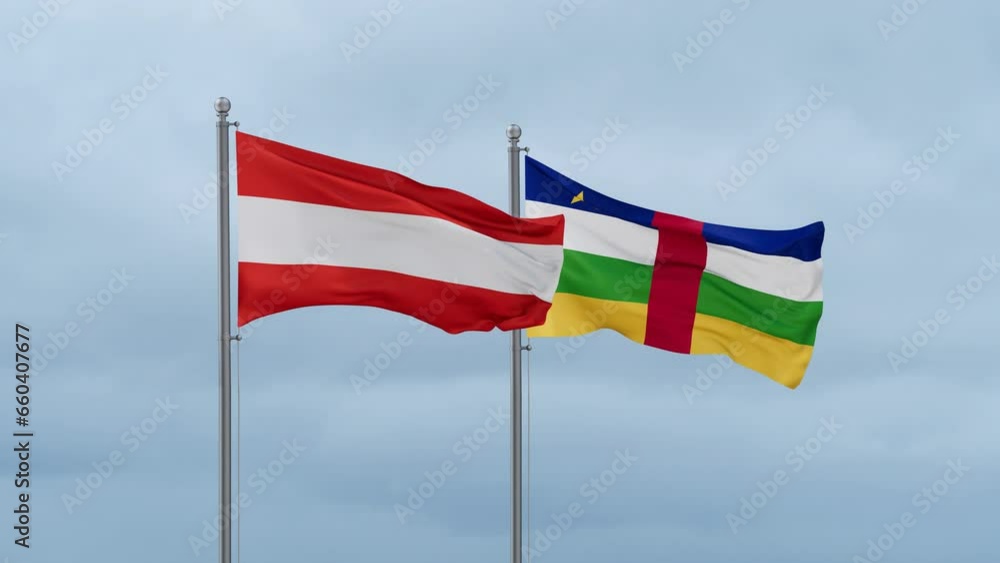 Central African Republic flag and Austria flag waving together on cloudy sky, endless seamless loop, two country relations concept Central African Republic flag and Austria flag waving together on cloudy sky, endless seamless loop, two country relations concept