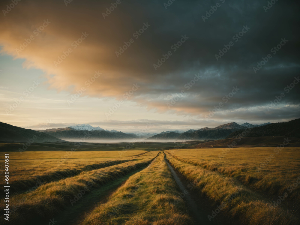 landscape. field, mountains and sky in warm colors. Mountains with meadow, sunlight, twilight, sunlight in warm colors