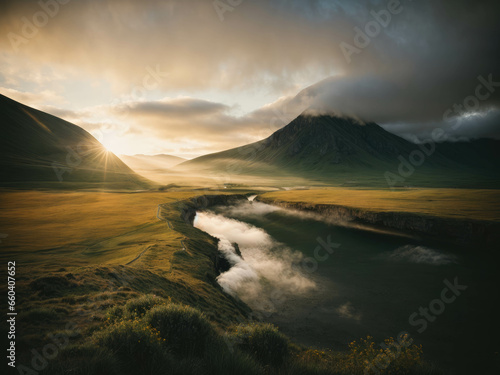 landscape. field, mountains and sky in warm colors. Mountains with meadow, sunlight, twilight, sunlight in warm colors