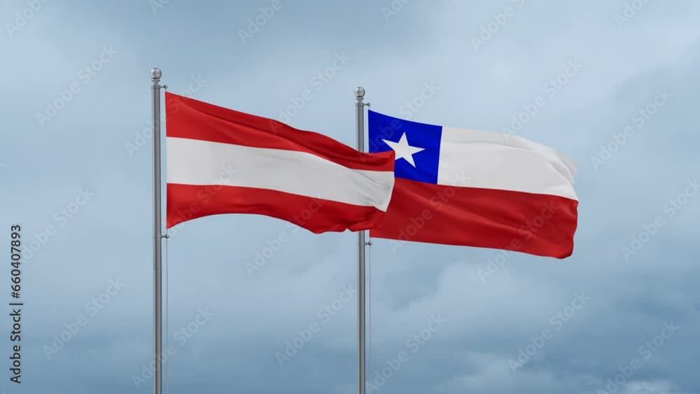Chile flag and Austria flag waving together on cloudy sky, endless seamless loop, two country relations concept Chile flag and Austria flag waving together on cloudy sky, endless seamless loop, two country relations concept
