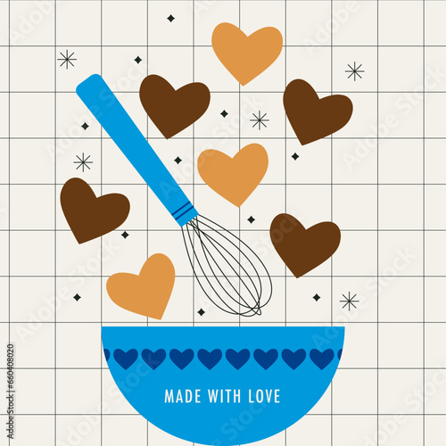 Baking with wire whisk. Kitchen utensils. Tool for blend ingredient in bowl or plate. Production of confectionery and pastries. Flat vector illustration. Made with love concept.