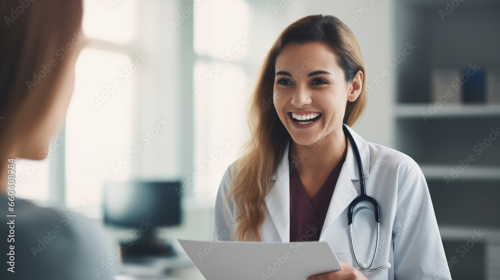 A doctor with a clipboard converses with a smiling patient at the hospital, conveying a comforting healthcare encounter. A doctor with a clipboard converses with a smiling patient at the hospital, conveying a comforting healthcare encounter.