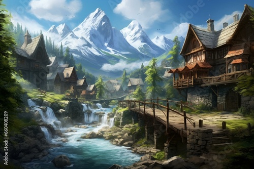 Mountain village with wooden suspension bridges. Perfect for fantasy art and wallpaper. Generative AI