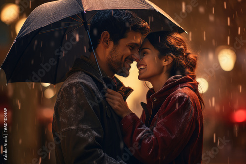 Couple holding a large umbrella in the rain