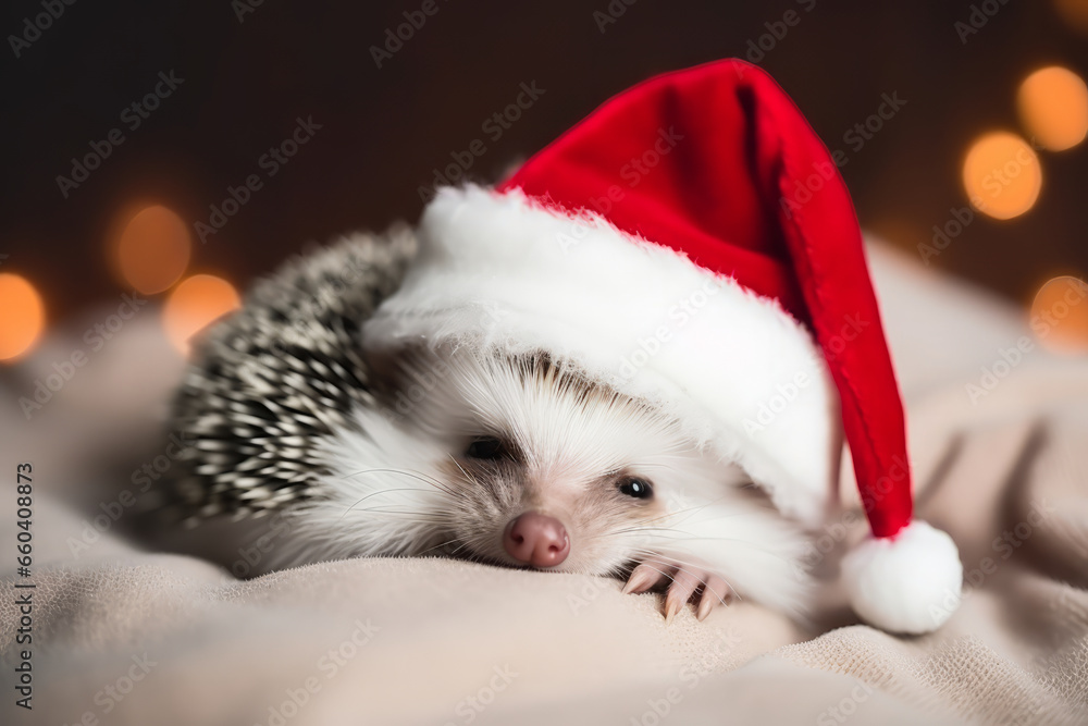 Cute festive Christmas hedgehog wearing a Santa hat