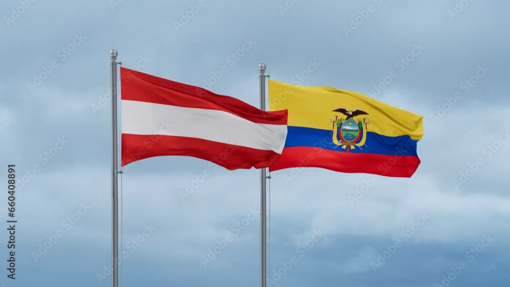 Ecuador flag and Austria flag waving together on cloudy sky, endless seamless loop, two country relations concept Ecuador flag and Austria flag waving together on cloudy sky, endless seamless loop, two country relations concept
