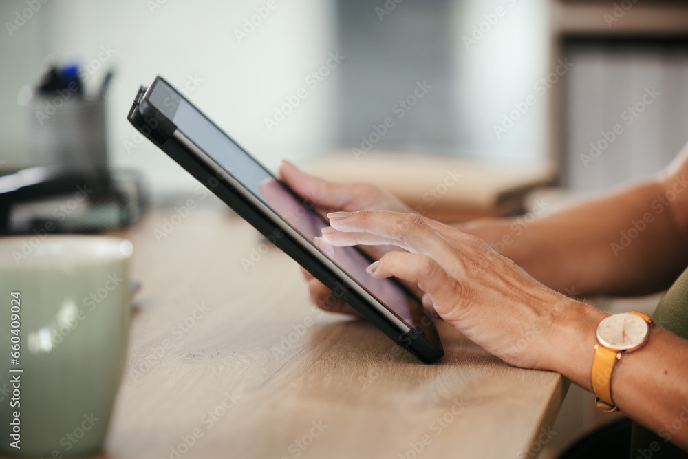 Fototapeta premium Tablet, hands and closeup of business woman in office doing research and reading information on internet. Online, career and female designer working on project with digital technology in workplace.