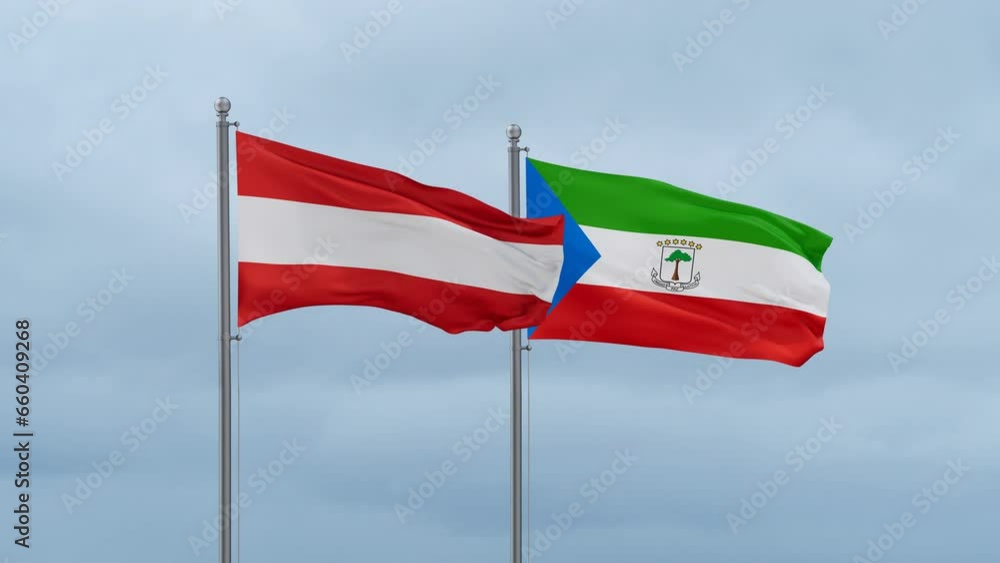 Equatorial Guinea flag and Austria flag waving together on cloudy sky, endless seamless loop, two country relations concept Equatorial Guinea flag and Austria flag waving together on cloudy sky, endless seamless loop, two country relations concept
