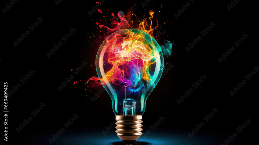 A creative light bulb exploding with colorful paint and splashes on a black background. Concept for thinking differently and creative ideas. A creative light bulb exploding with colorful paint and splashes on a black background. Concept for thinking differently and creative ideas.