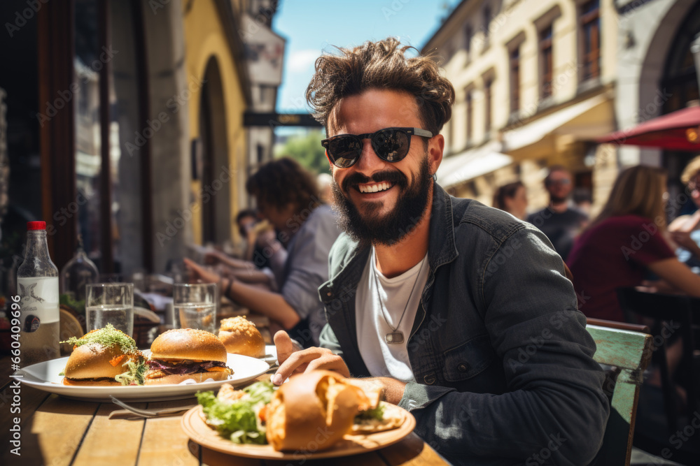 Mann mit Burger Mann mit Burger