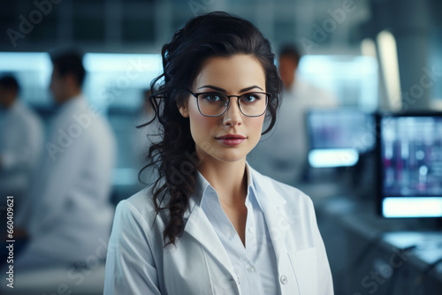 Half body view of beautiful female scientist standing in white coat and glasses in modern medical science laboratory with team of experts in the background.