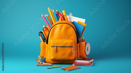 Backpack with different colorful stationery on table. Banner design
