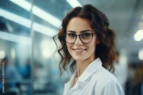 Half body view of beautiful female scientist standing in white coat and glasses in modern medical science laboratory with team of experts in the background.