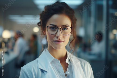Half body view of beautiful female scientist standing in white coat and glasses in modern medical science laboratory with team of experts in the background. © ND STOCK