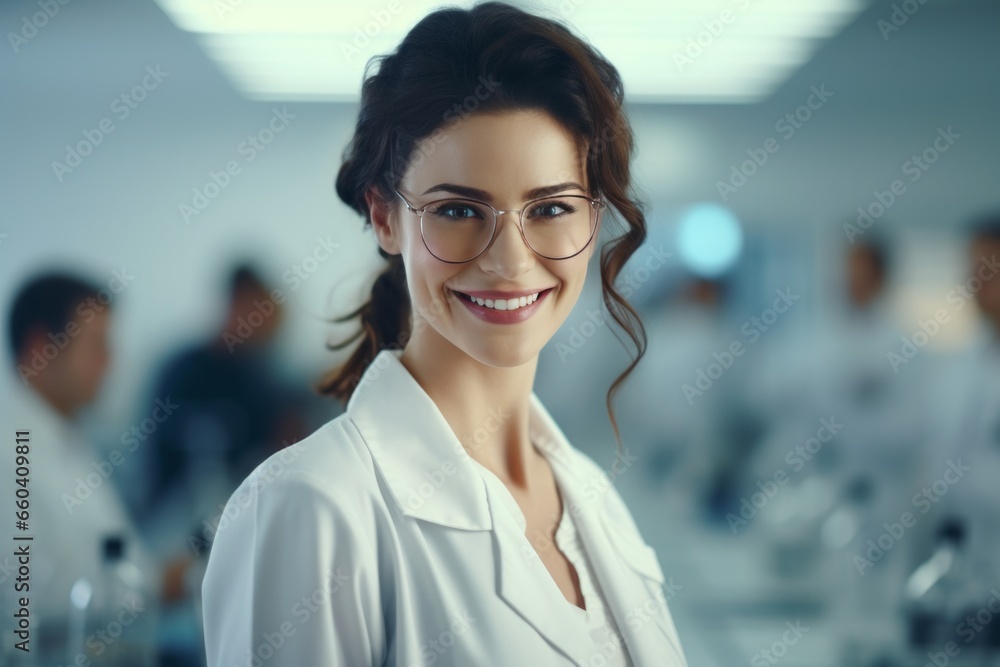 Half body view of beautiful female scientist standing in white coat and glasses in modern medical science laboratory with team of experts in the background. Half body view of beautiful female scientist standing in white coat and glasses in modern medical science laboratory with team of experts in the background.