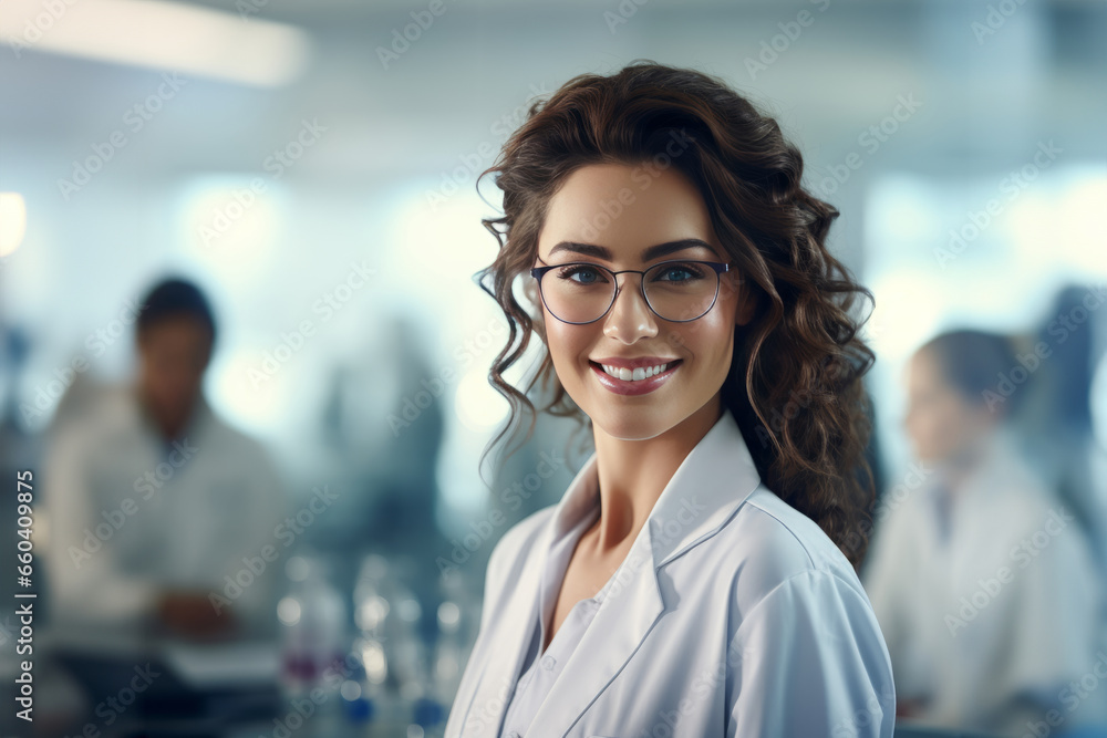 Fototapeta premium Half body view of beautiful female scientist standing in white coat and glasses in modern medical science laboratory with team of experts in the background.