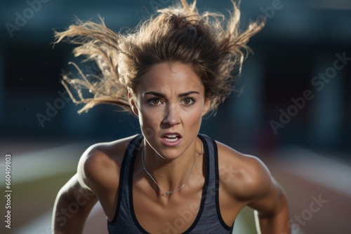 Close-up portrait photography of an energetic girl in her 30s running on an athletics track. With generative AI technology