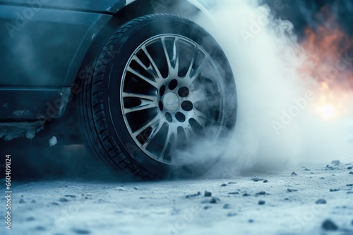 Drifting fast sports car on snowy wet road with skid, car accident, fire. Generative Ai.